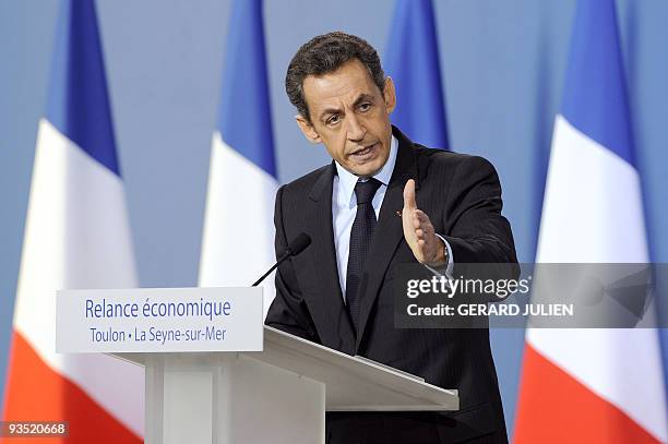 French President Nicolas Sarkozy delivers a speech on economic recovery after a visit at the industrial group CNIM , on December 1, 2009 in La...