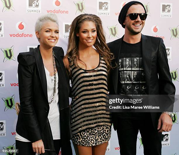 Hosts Ruby Rose, Darren McMullen, and VJ Erin McNaught arrive for the 2009 MTV Summer Party at the Hyde Park Barracks on December 1, 2009 in Sydney,...