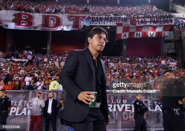 Marcelo Gallardo coach of River Plate walks towards the bench prior a match between River Plate and Belgrano as part of Superliga 2017/18 at...