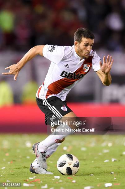 Camilo Mayada of River Plate drives the ball during a match between River Plate and Belgrano as part of Superliga 2017/18 at Monumental Antonio...
