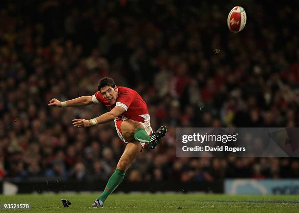 James Hook of Wales kicks at goal during the Invesco Perpetual Series match between Wales and Australia at the Millennium Stadium on November 28,...