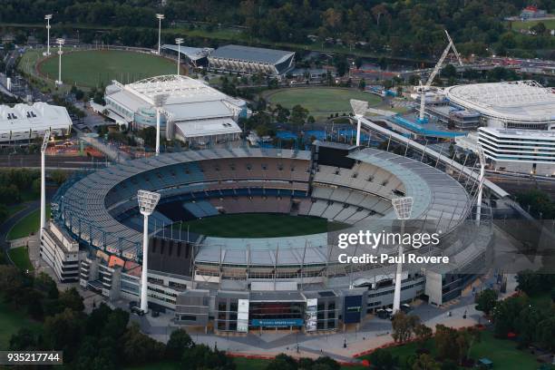 An aerial view of the Melbourne Cricket Ground on February 13, 2018 in Melbourne, Australia.