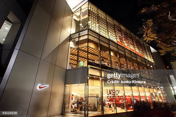 Exterior view of the NikeTown Tokyo is seen on December 1, 2009 in Tokyo, Japan. Japan National Team football player Tulio Marcus Tanaka is announced...