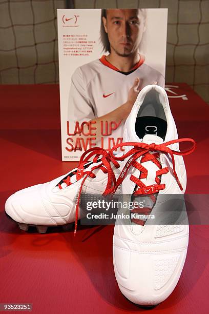 Shows are on display at the NikeTown Tokyo on December 1, 2009 in Tokyo, Japan. Japan National Team football player Tulio Marcus Tanaka is announced...