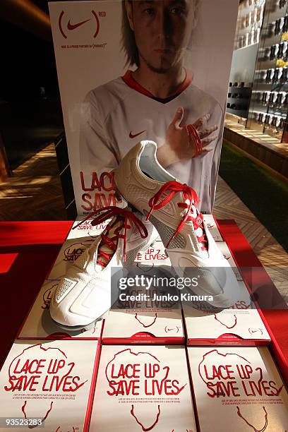 Shows are on display at the NikeTown Tokyo on December 1, 2009 in Tokyo, Japan. Japan National Team football player Tulio Marcus Tanaka is announced...