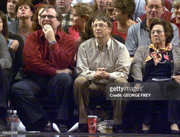 Microsoft co-founders Bill Gates and Paul Allen watches the third game of the Western Conference Finals between the Los Angeles Lakers and the...