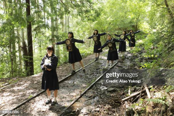 group of female hight school students marching - kids acting crazy stock pictures, royalty-free photos & images