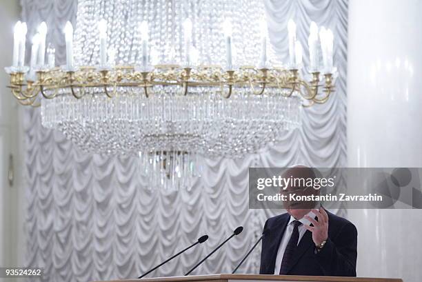 Moscow Mayor Yuri Luzhkov speaks during the Third World Congress of Compatriots at the Columns Hall December 1, 2009 in Moscow, Russia. The Congress...