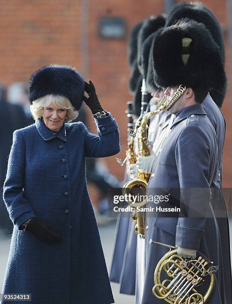 Camilla, Duchess of Cornwall meets members of the Welsh Guards at North Camp on December 1, 2009 in Aldershot, England.