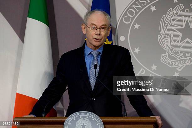 European Parliament President Herman van Rompuy attends a press conference at the Palazzo della Prefettura on December 1, 2009 in Milan Italy. The...