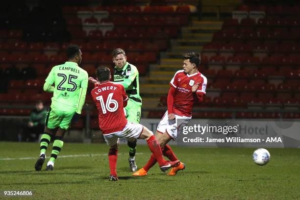 Dayle Grubb of Forest Green Rovers scores a goal to make it 1-3 during the Sky Bet League Two match between Crewe Alexandra and Forest Green Rovers...