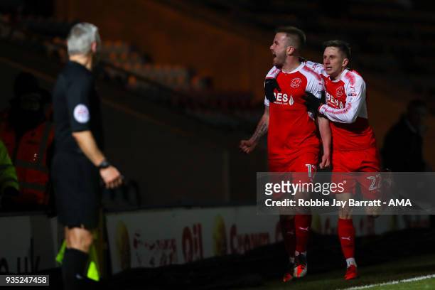 Paddy Madden of Fleetwood Town celebrates after scoring a goal to make it 0-1 during the Sky Bet League One match between Rochdale and Fleetwood Town...