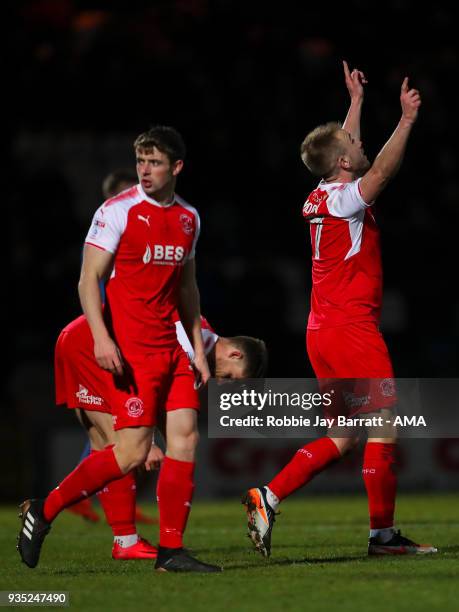 Paddy Madden of Fleetwood Town celebrates after scoring a goal to make it 0-1 during the Sky Bet League One match between Rochdale and Fleetwood Town...