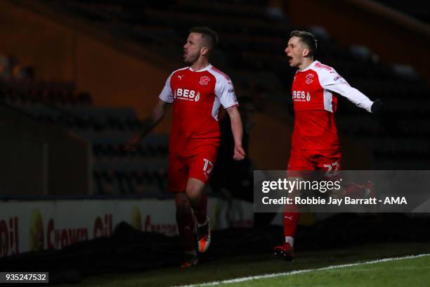 Paddy Madden of Fleetwood Town celebrates after scoring a goal to make it 0-1 during the Sky Bet League One match between Rochdale and Fleetwood Town...