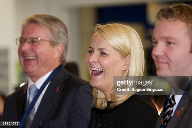 Fabian Stang, the Mayor of Oslo and Crown Princess Mette-Marit Of Norway attend the World Aids Day event at Romsas Frivillighetssentral on December...
