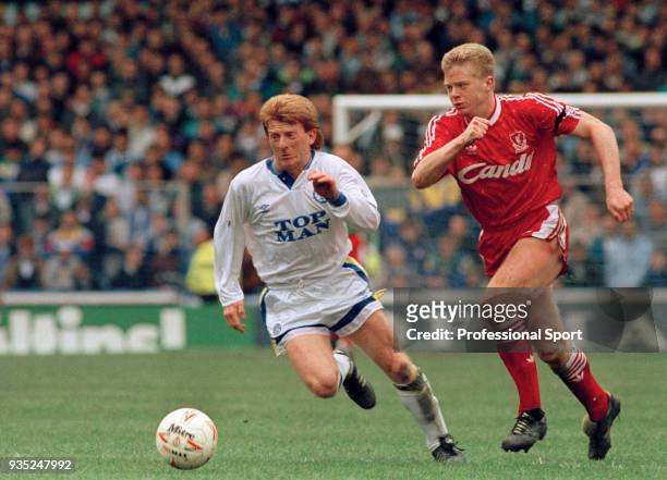 Gordon Strachan of Leeds United tracks down David Burrows of Liverpool during a Barclays League Division One match at Elland Road on April 13, 1991...