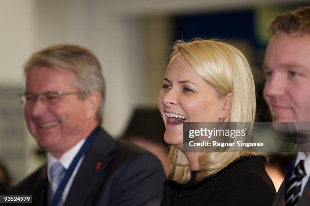 Fabian Stang, the Mayor of Oslo and Crown Princess Mette-Marit Of Norway attend the World Aids Day event at Romsas Frivillighetssentral on December...