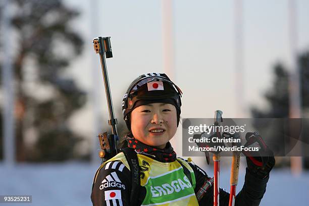 Megumi Izumi of Japan has fun during a training session ahead of the E.ON Ruhrgas IBU Biathlon World Cup on December 1, 2009 in Ostersund, Sweden.