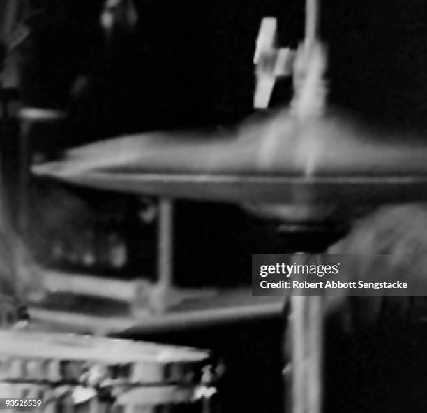 Close-up view of the hands of jazz drummer Max Roach, showing the blur of movement as he performs at the South Shore Jazz Festival, Chicago, IL, 2003.