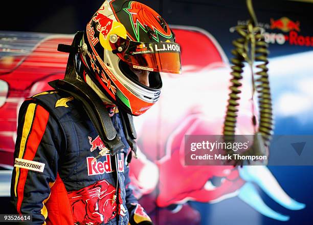 Brendon Hartley of New Zealand and Toro Rosso in the garage at the Circuito De Jerez on December 1, 2009 in Jerez de la Frontera, Spain.