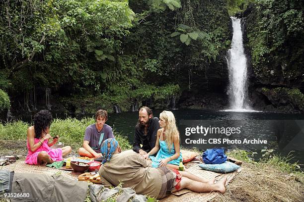 Laura Morett, Brett Clouser, Dave Ball, Natalie White, and Russell Hantz, after winning reward, during the tenth episode of SURVIVOR: SAMOA,...