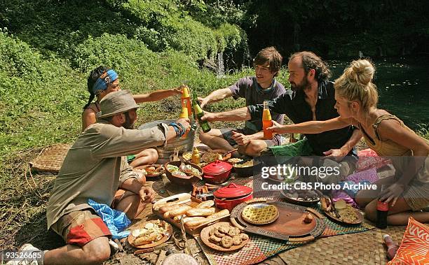 Russell Hantz, Laura Morett, Brett Clouser, Dave Ball, and Natalie White, after winning reward, during the tenth episode of SURVIVOR: SAMOA,...