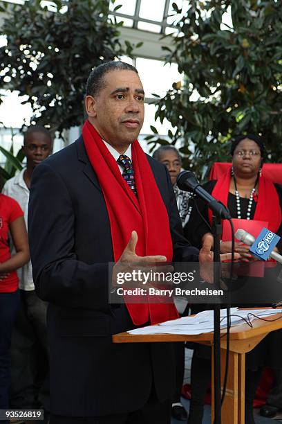 Dr. Damon Arnold, Illinois Department of Public Health participates in the press conference at Garfield Park Conservatory to raise awareness of AIDS...