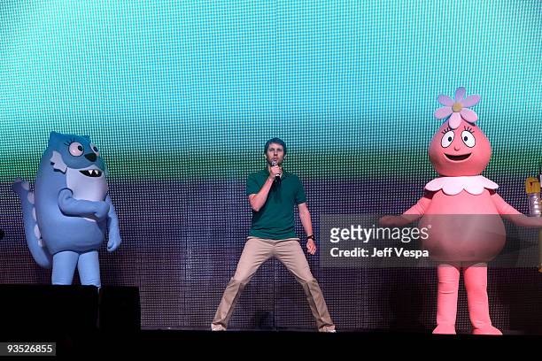 Actor Jon Heder performs onstage with characters Toodee and Foofa during the Yo Gabba Gabba! : "There's A Party In My City" Live at The Shrine...