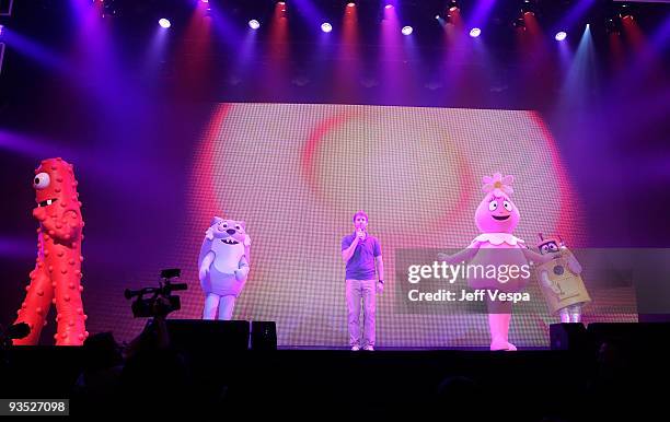 Actor Jon Heder performs onstage with characters during the Yo Gabba Gabba! : "There's A Party In My City" Live at The Shrine Auditorium on November...