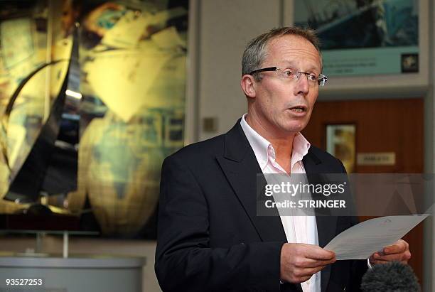 Andrew Pindar, Chairman of Sail Bahrain speaks during a press conference in Scarborough, north-east England on December 1, 2009. During the press...