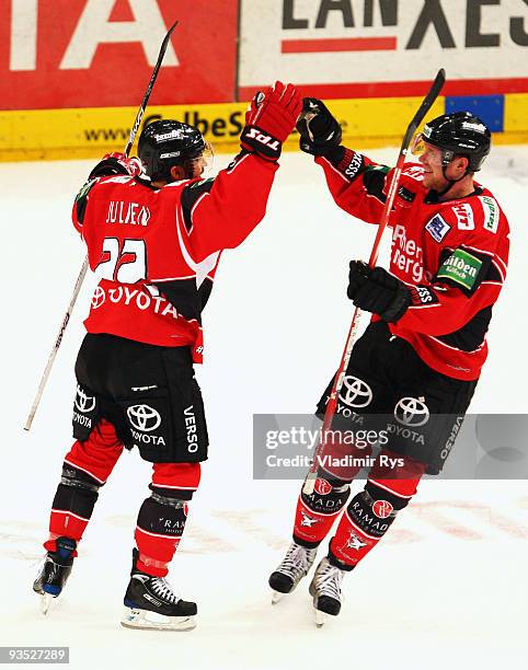 Stephane Julien of Haie celebrates after scoring his team's third goal during the Deutsche Eishockey Liga game between Koelner Haie and Hannover...