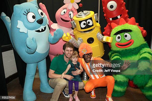 Actor Jon Heder and guests pose with Yo Gabba Gabba! characters during the Yo Gabba Gabba! : "There's A Party In My City" Live at The Shrine...