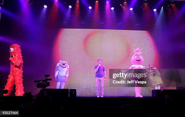 Actor Jon Heder performs onstage with characters during the Yo Gabba Gabba! : "There's A Party In My City" Live at The Shrine Auditorium on November...