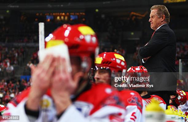Head coach Hans Zach of Scorpions looks on during the Deutsche Eishockey Liga game between Koelner Haie and Hannover Scorpions at Lanxess Arena on...