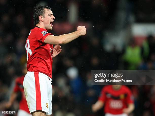 Darron Gibson of Manchester United celebrates scoring their first goal during the Carling Cup Quarter Final match between Manchester United and...