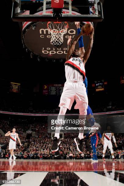 Maurice Harkless of the Portland Trail Blazers shoots the ball during the game against the Detroit Pistons on March 17, 2018 at the Moda Center Arena...