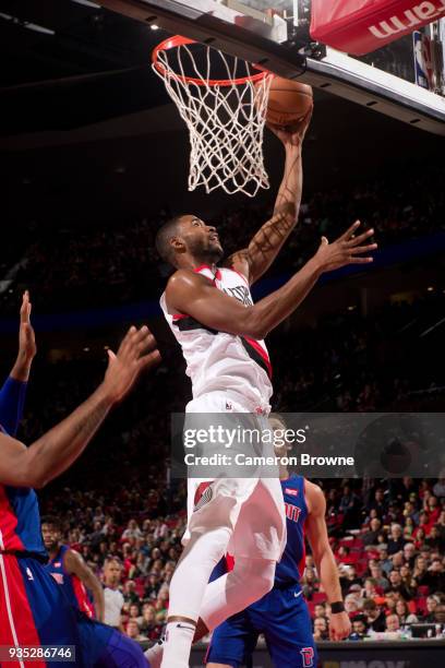 Maurice Harkless of the Portland Trail Blazers shoots the ball during the game against the Detroit Pistons on March 17, 2018 at the Moda Center Arena...