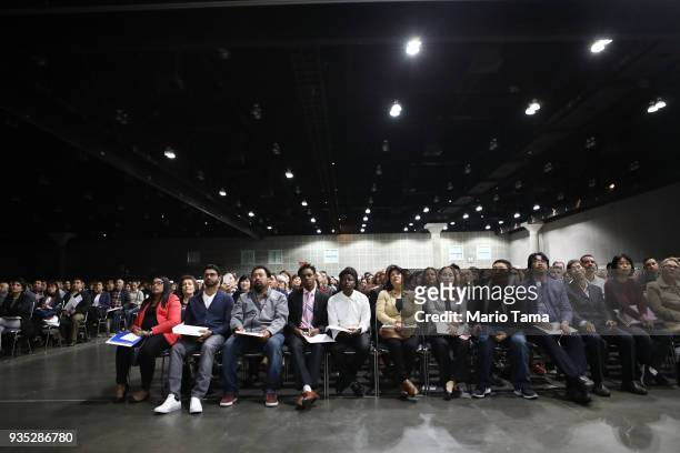 New U.S. Citizens gather at a naturalization ceremony on March 20, 2018 in Los Angeles, California. The naturalization ceremony welcomed more than...