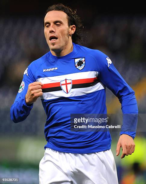 Daniele Mannini of UC Sampdoria celebrates scoring the opening goal during the TIM Cup match between UC Sampdoria and AS Livorno at Luigi Ferraris...