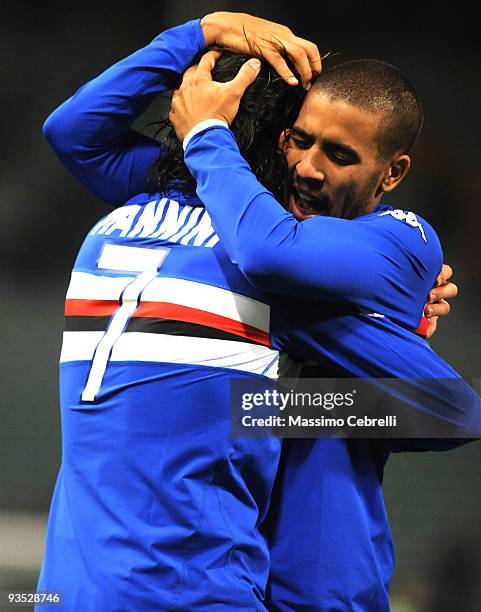 Fernando Damian Tissone and Daniele Mannini of UC Sampdoria celebrate the opening goal scored by Daniele Mannini during the TIM Cup match between UC...