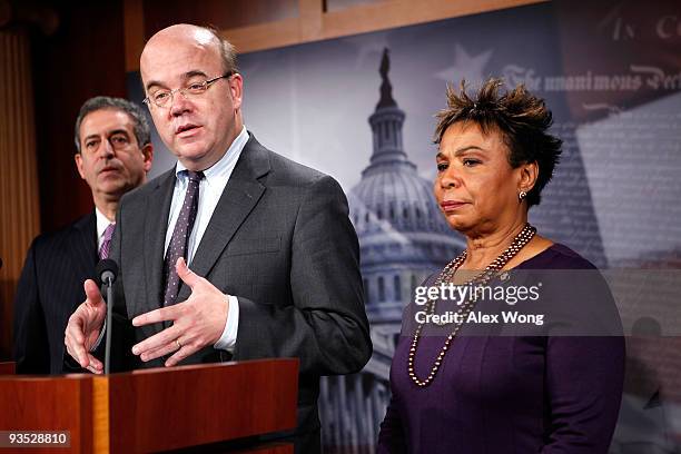 Rep. James McGovern speaks as Sen. Russell Feingold and Rep. Barbara Lee listen during a news conference on Capitol Hill December 1, 2009 in...