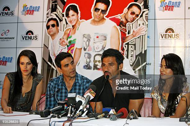 From left - Bollywood actors Neha Dhupia , Akshay Kumar, Suniel Shetty and Sameera Reddy during a promotional event for their upcoming film De Dana...