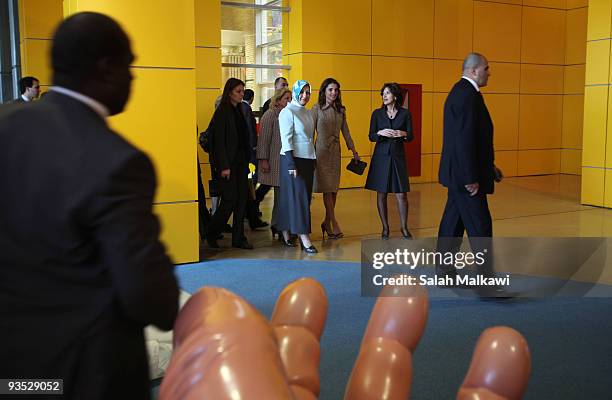 Queen Rania of Jordan and the Turkish President's wife Hayrunnisa Gul visit the Children's Museum on December 1, 2009 in Amman, Jordan.