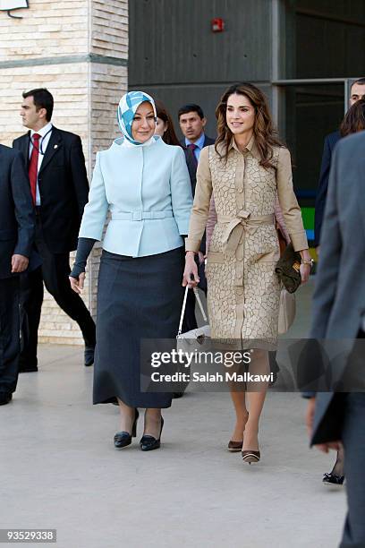 Queen Rania of Jordan and the Turkish President's wife Hayrunnisa Gul visit the Children's Museum on December 1, 2009 in Amman, Jordan.