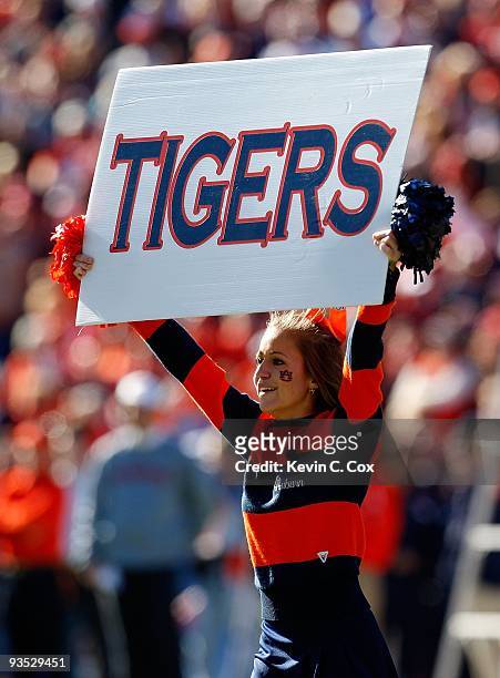 Cheerleader for the Auburn Tigers peforms before the game against the Alabama Crimson Tide at Jordan-Hare Stadium on November 27, 2009 in Auburn,...