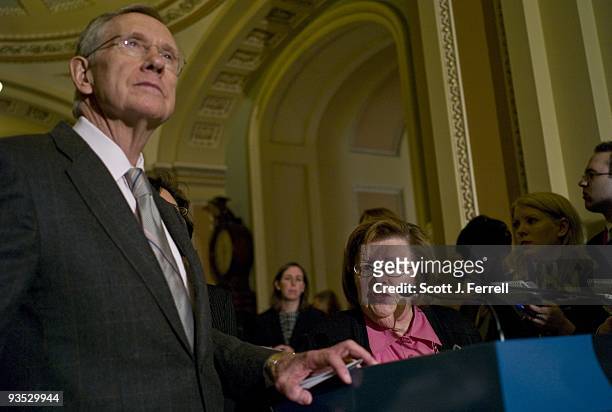 Senate Majority Leader Harry Reid, D-Nev., and Sen. Barbara Mikulski, D-Md., talk to media after the Senate Democratic policy luncheon, as the Senate...
