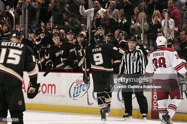 Bobby Ryan of the Anaheim Ducks celebrates a goal against the Phoenix Coyotes during the game on November 29, 2009 at Honda Center in Anaheim,...