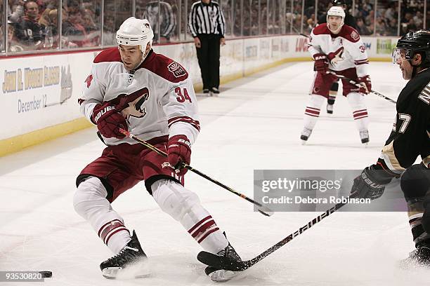 Daniel Winnik of the Phoenix Coyotes defends the puck against Scott Niedermayer of the Anaheim Ducks during the game on November 29, 2009 at Honda...