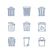 Waste Basket, Trash Can, Recycle Bin line icon vector set.