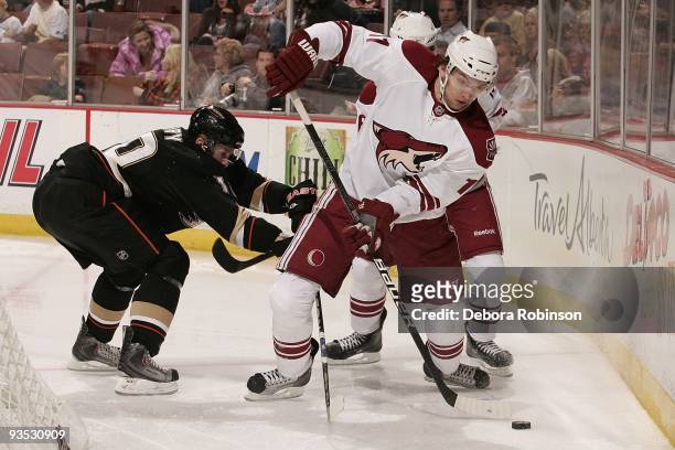 Martin Hanzal of the Phoenix Coyotes controls the puck behind the net against Corey Perry of the Anaheim Ducks during the game on November 29, 2009...